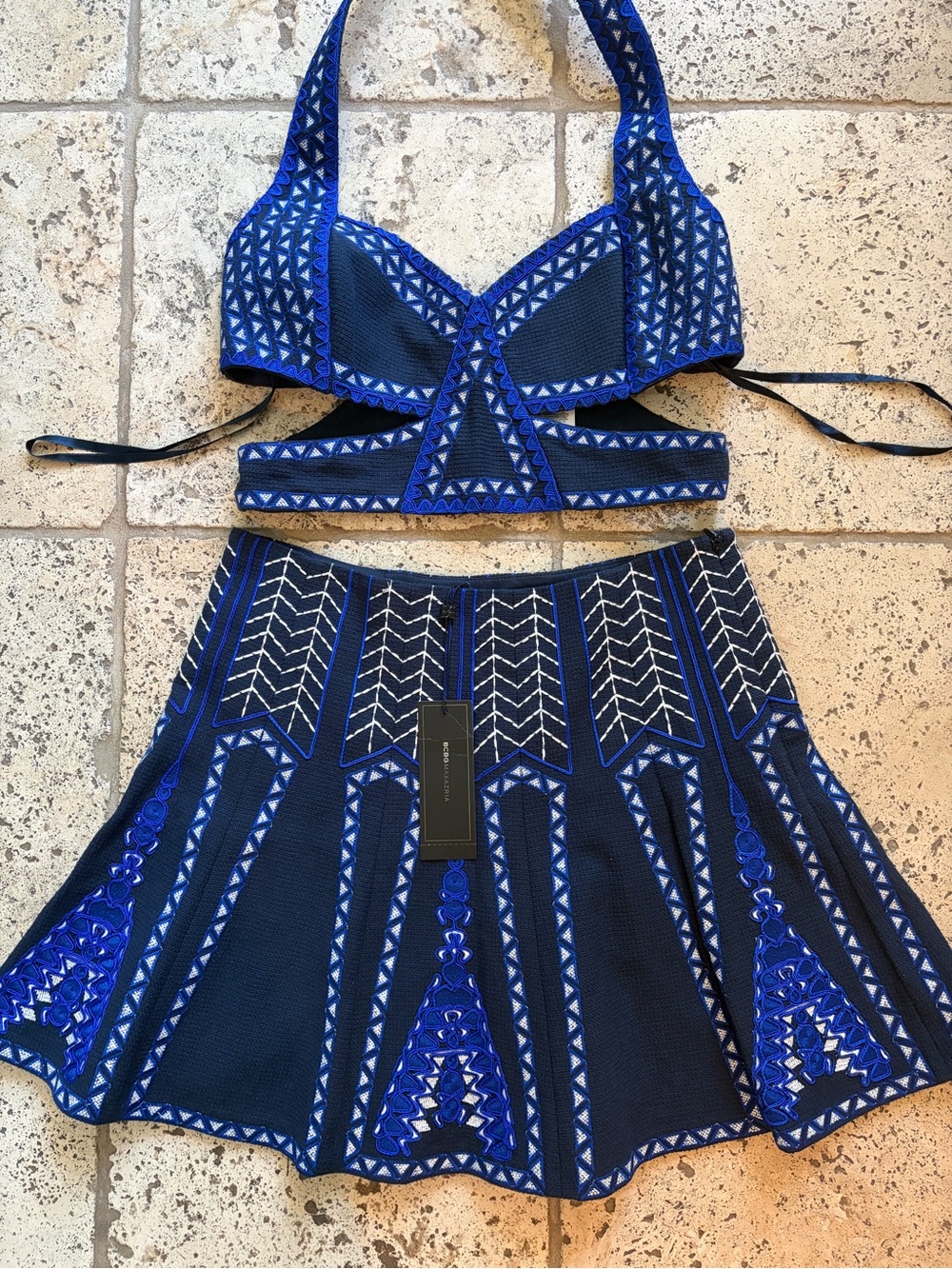 BCBGMaxAzria Navy and Royal Blue Geometric Skater Skirt